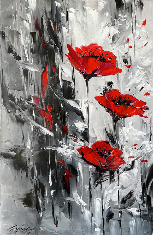 Contemporary Black and White Original Oil Painting, Red Poppies Abstract  Wall Art Decor, Modern Art Painting by BilykArt - Pixels