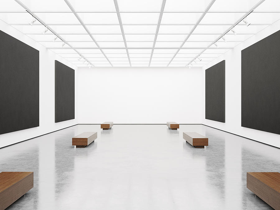 Contemporary gallery interior with black canvas on wall Photograph by Sfio Cracho