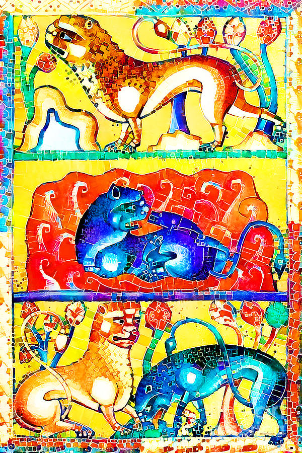 Contemporary Medieval Art Blue and Orange Lions 20201021v2 Interpretation 2 Photograph by Wingsdomain Art and Photography
