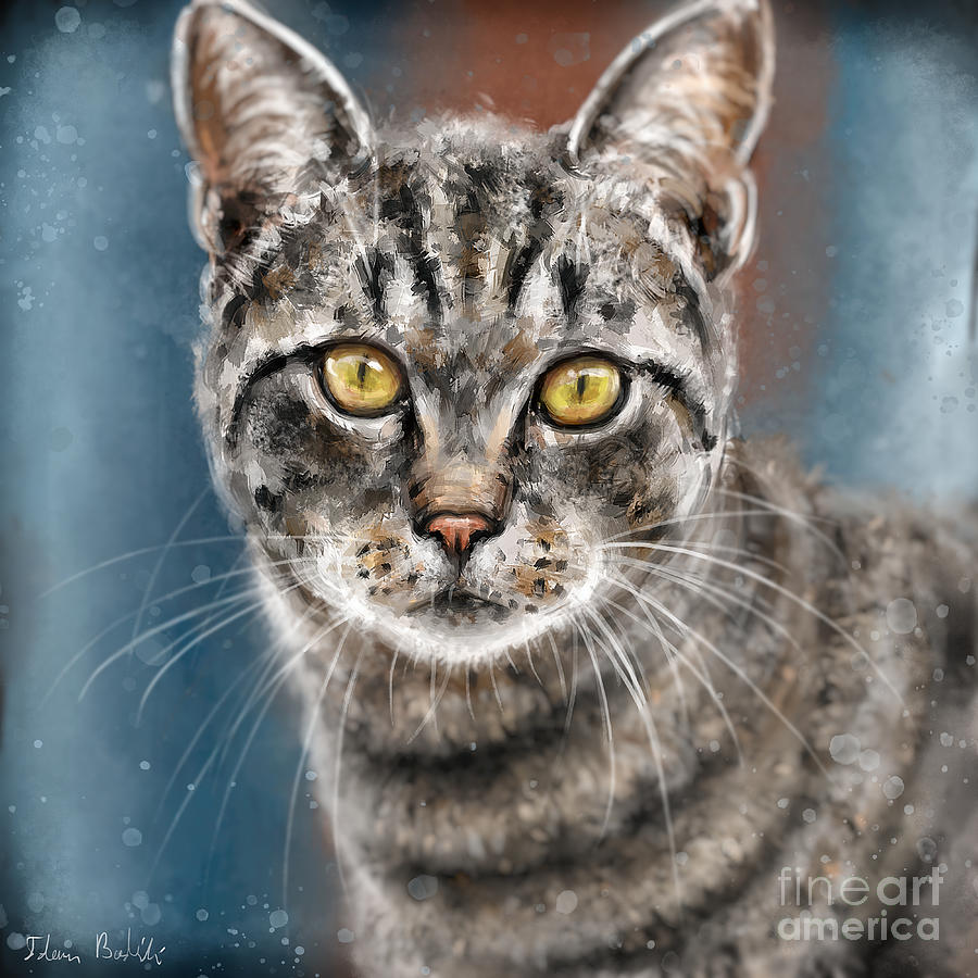 Contemporary Painting of a Gray Cat with Black Stripes and Yellow Eyes ...