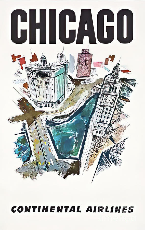 Continental Airlines Chicago Travel Poster 1950 Drawing by M G Whittingham