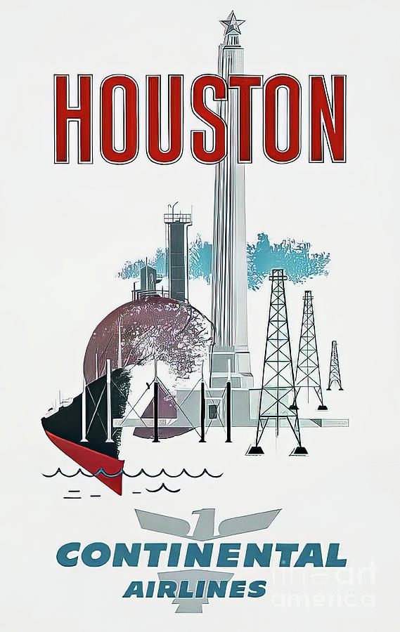 Continental Airlines Houston Travel Poster 1950 Drawing by M G Whittingham