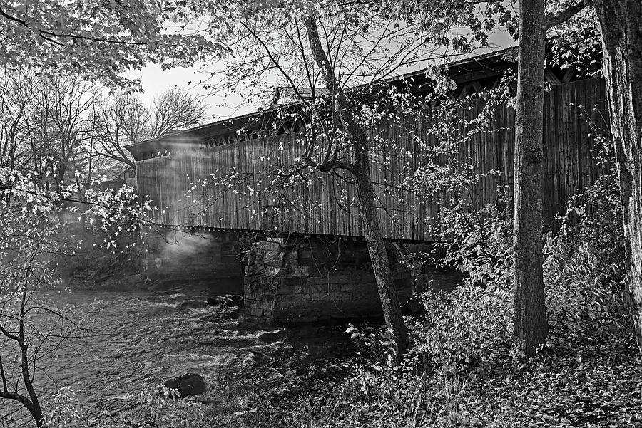 Contoocook Railroad Covered Bridge Hopkinton NH Contoocook River at Sunrise Red Leaves BW Photograph by Toby McGuire