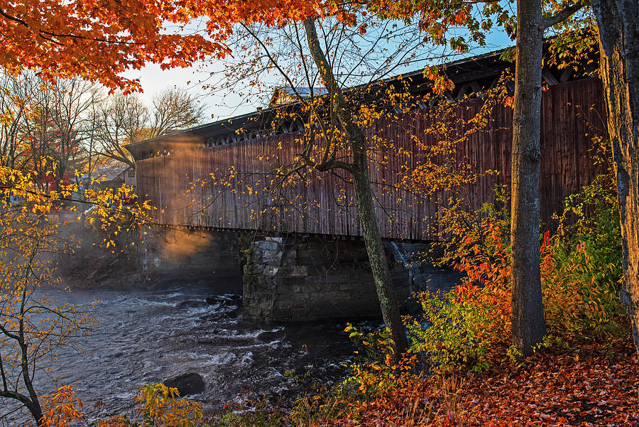 Contoocook Railroad Covered Bridge Hopkinton NH Contoocook River at Sunrise Red Leaves Photograph by Toby McGuire