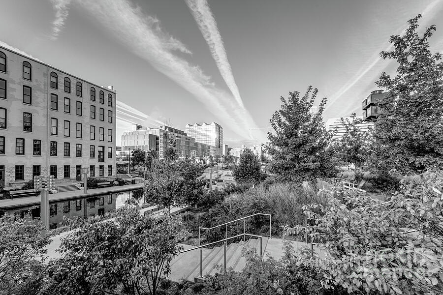 Contrails Over Gene Leahy Mall Park Grayscale Photograph by Jennifer White