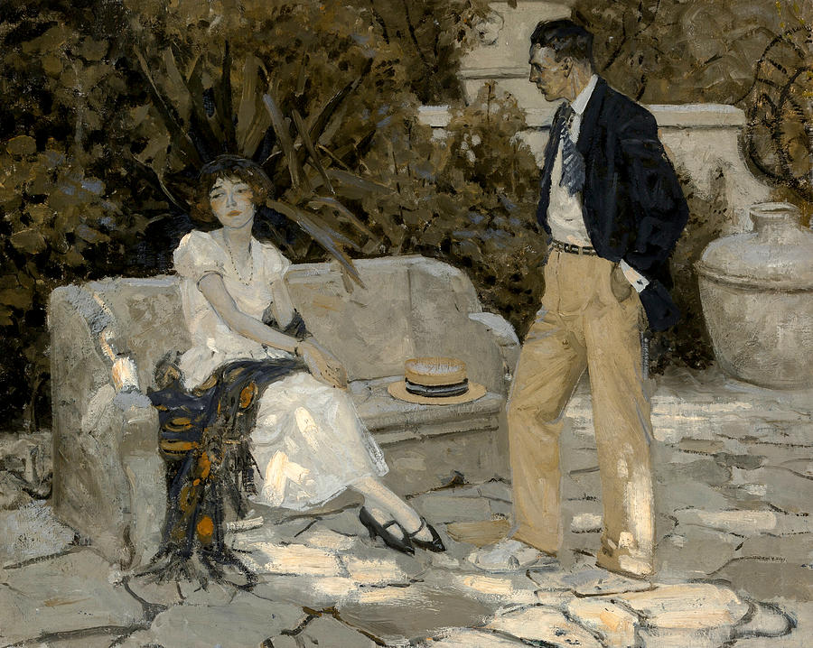 Conversation in the Garden Painting by 20th Century American Artist