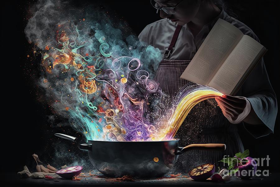 Cook mixes fantasy ingredients in a pot to cook imagination and  Photograph by Joaquin Corbalan