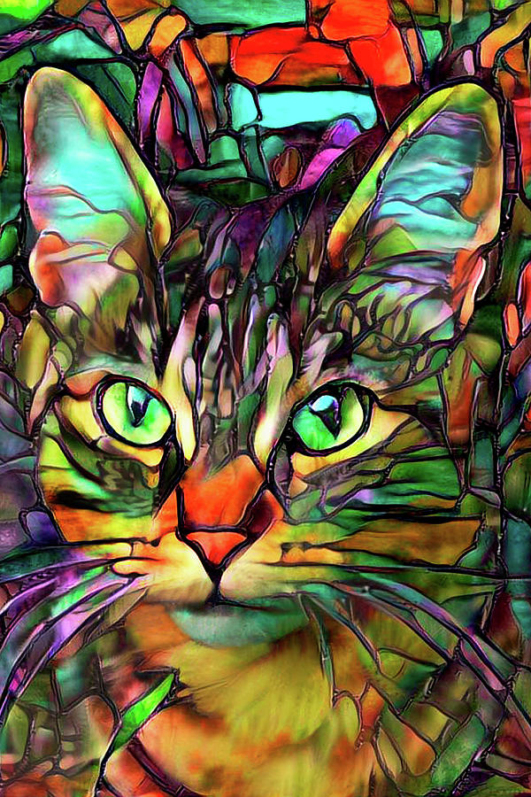 Animal Mixed Media - Cookie the Stained Glass Cat - Vertical by Peggy Collins