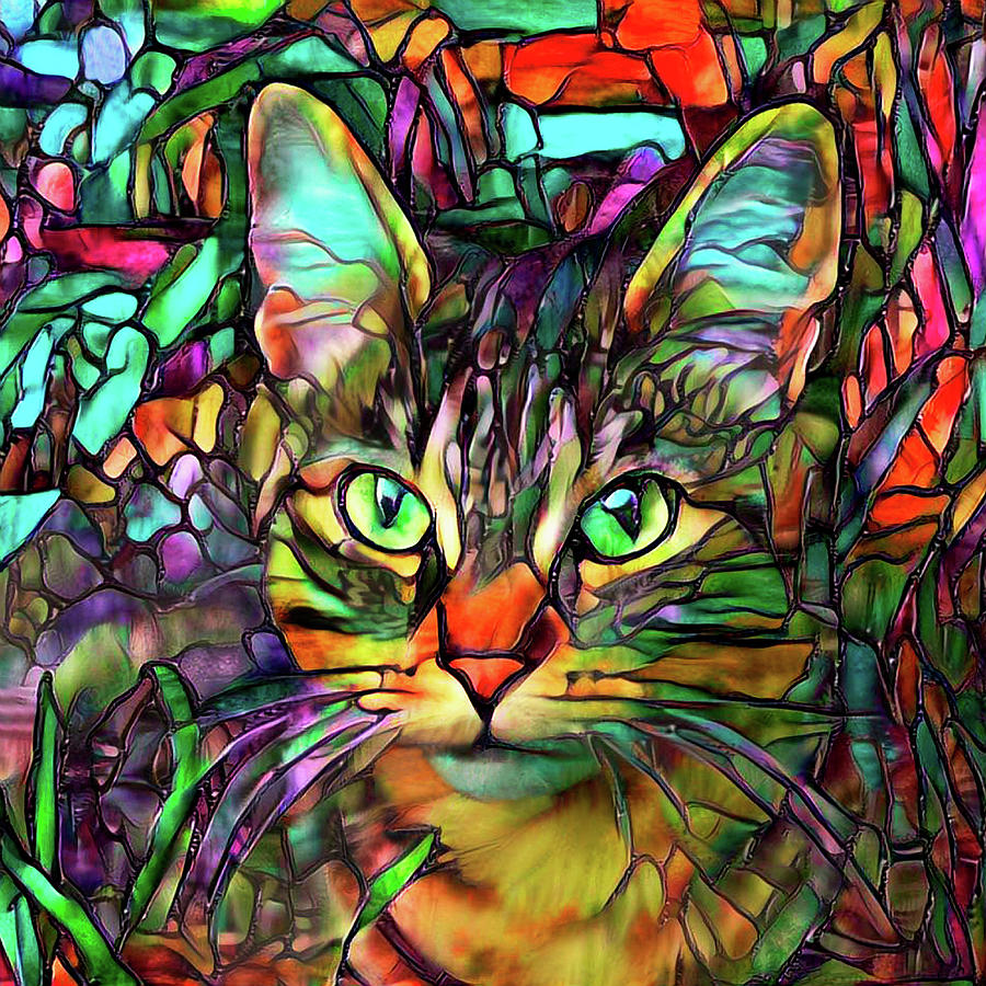 Cookie the Stained Glass Tabby Cat Mixed Media by Peggy Collins