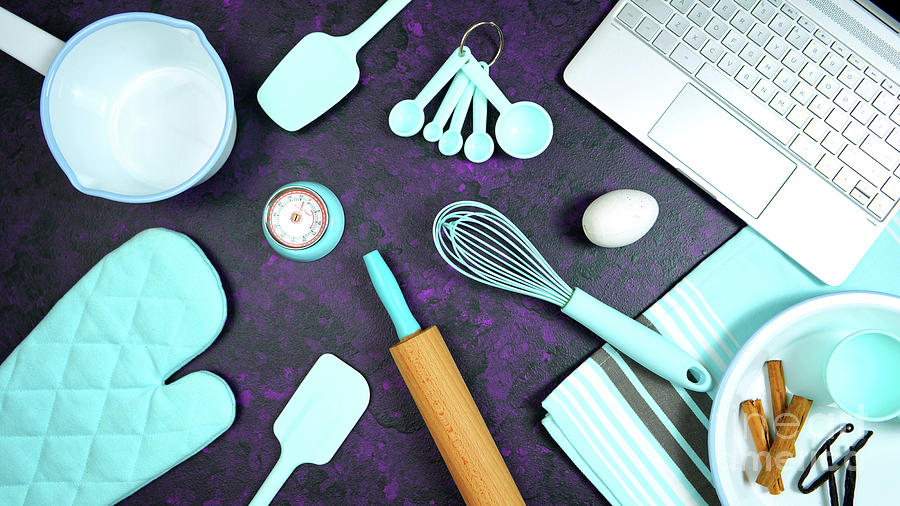 Cooking baking food theme desktop workspace on stylish purple background. Photograph by Milleflore Images