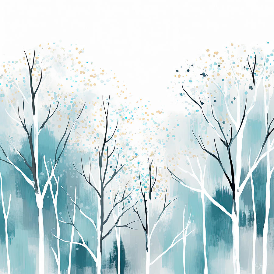 Cool And Calm - Teal and Gray Trees Painting by Lourry Legarde
