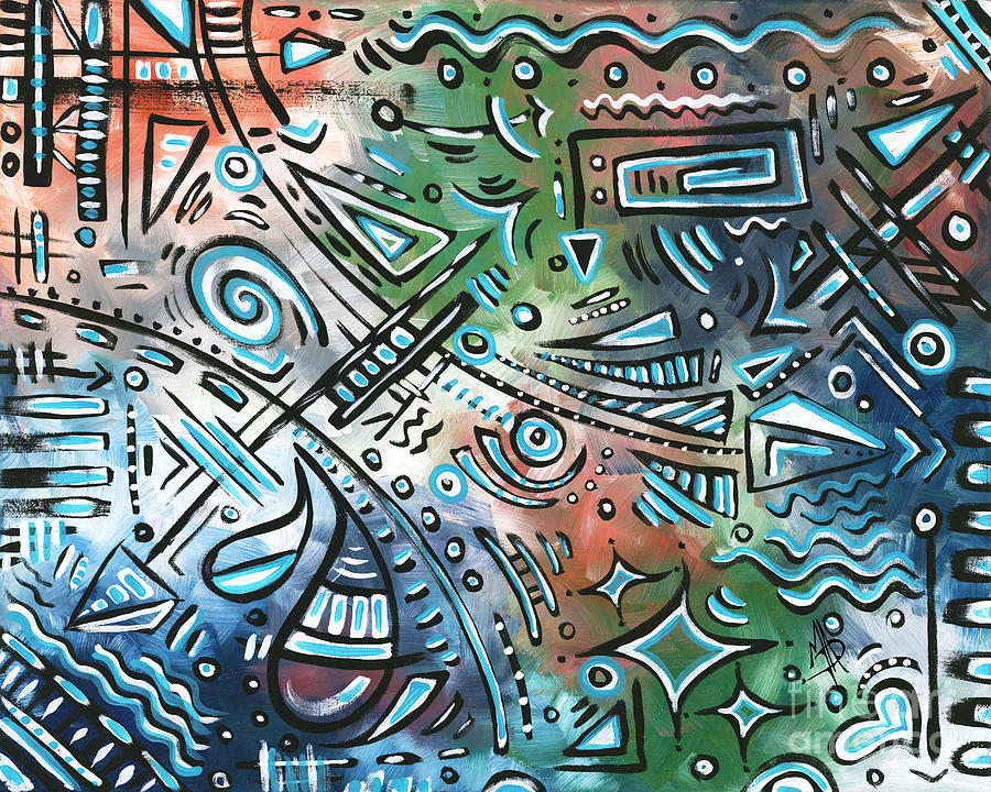 Cool Blue Green Peach Original Abstract Graffiti Style Doodle Painting Doodles Art Duncanson Painting by Megan Aroon