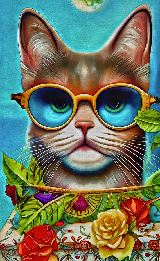 Cool Cat in the Roses Mixed Media by Ann Leech