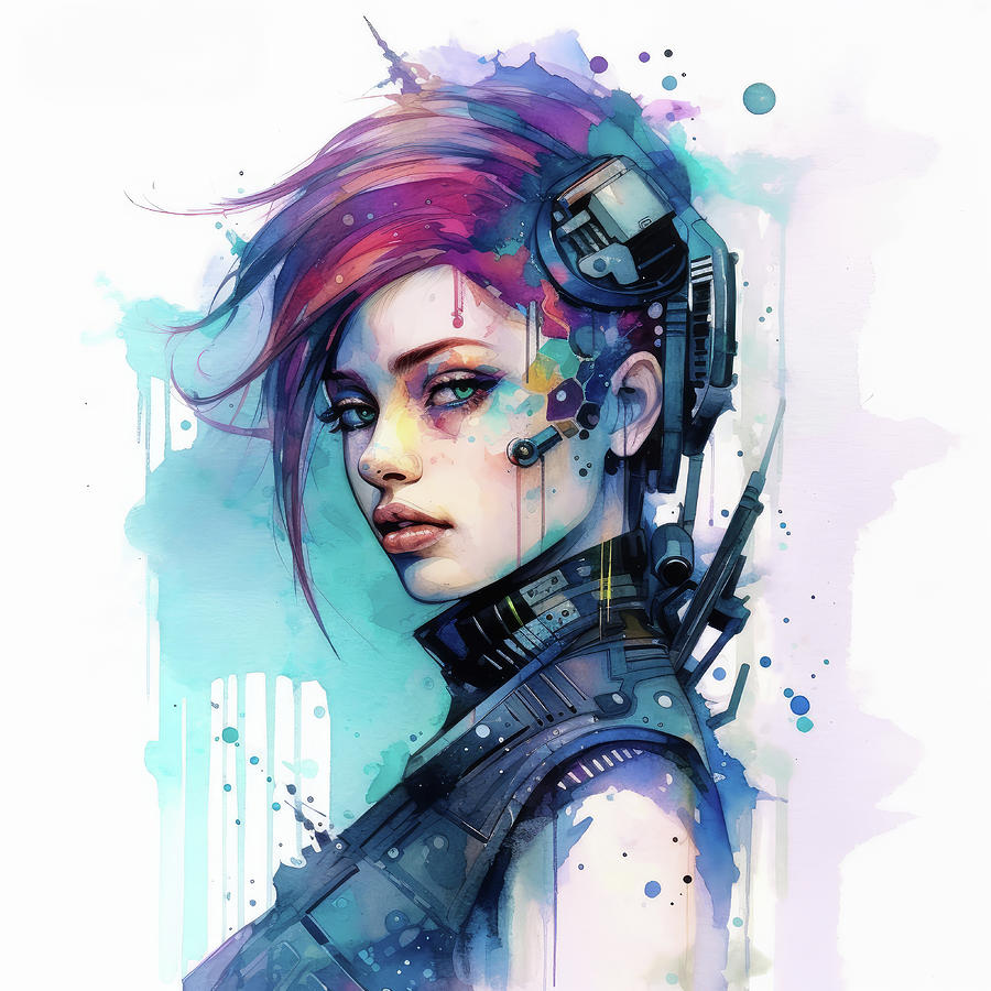 Cool Cyberpunk Woman 04 Watercolor Style Digital Art by Matthias Hauser