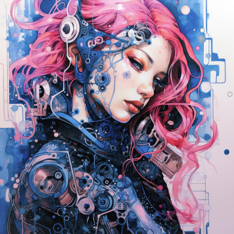 Cool Cyberpunk Woman 05 Watercolor Style Digital Art by Matthias Hauser