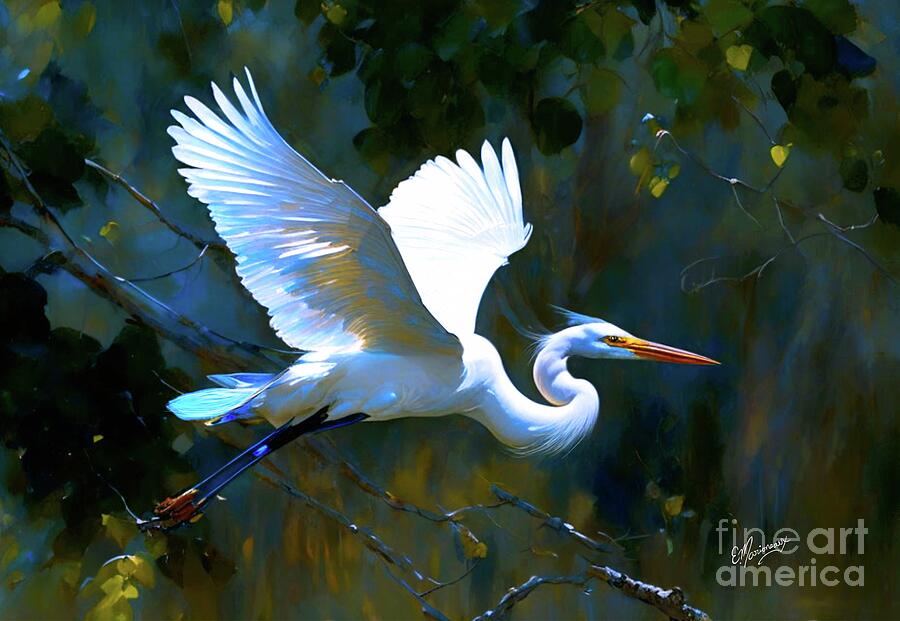 Egret Painting - Cool Evening Flight by Eric Marioneaux