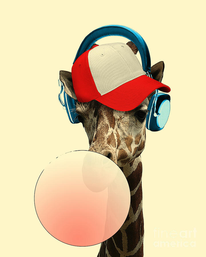 Giraffe Digital Art - Cool giraffe with headphones by Madame Memento