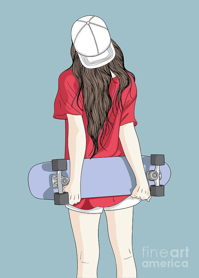 Cool Girl Holding A Skateboard - Line Art Graphic Illustration Artwork Digital Art by Sambel Pedes