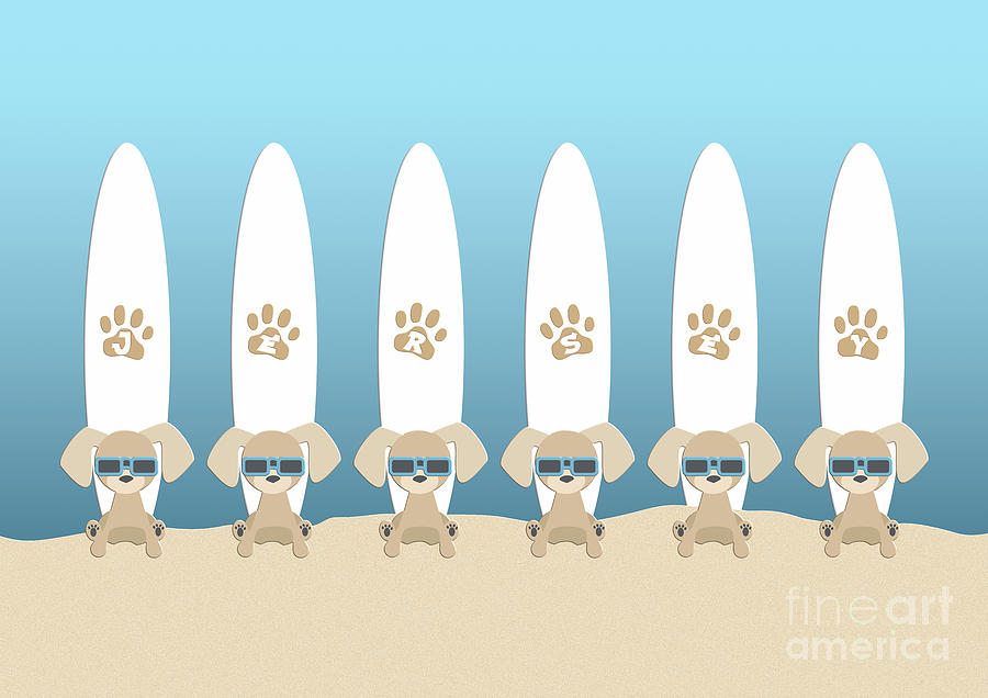 Cool Jersey Pups Surf Team in Sunglasses with Surfboards on the Beach Digital Art by Barefoot Bodeez Art