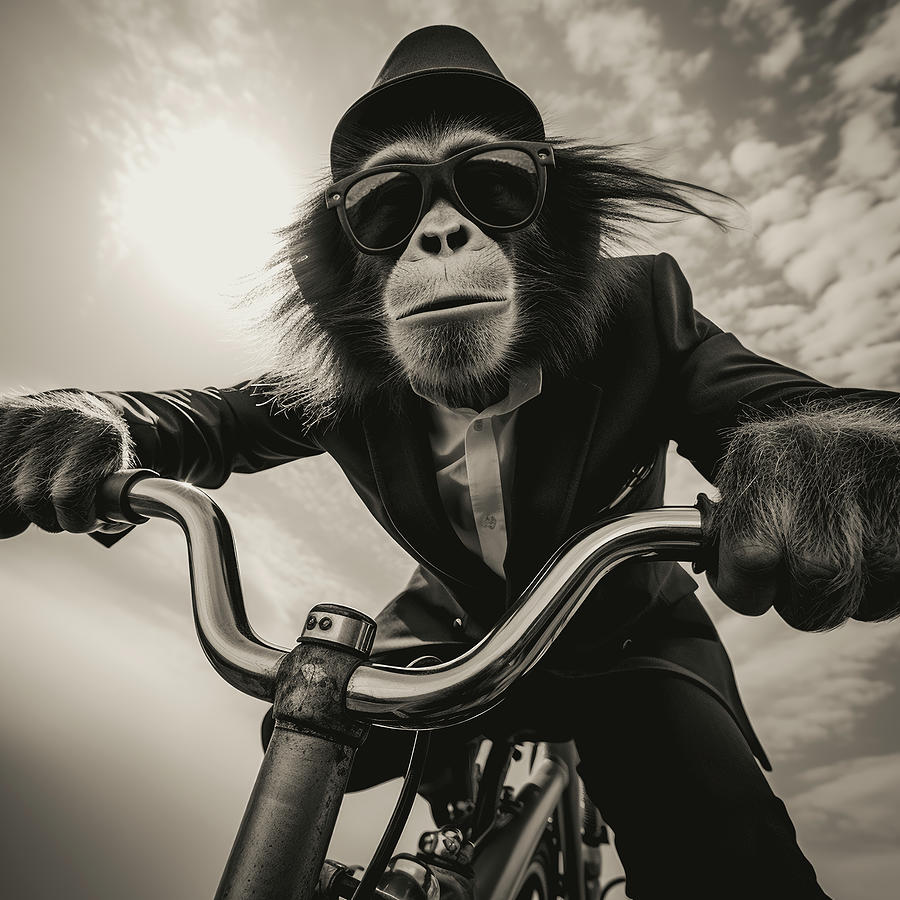 Black And White Digital Art - Cool Monkey on a Bicycle by YoPedro