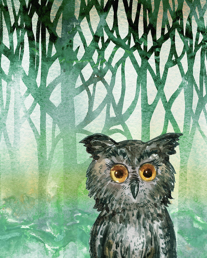 Cool Morning In The Forest Baby Owl Watercolor  Painting by Irina Sztukowski