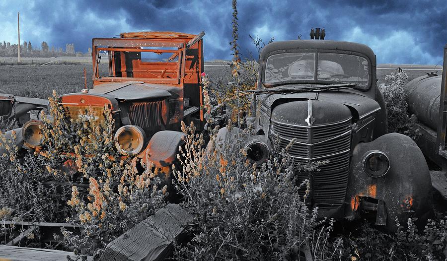 Cool Old Truck And Car 2, Selective Color Digital Art by Fred Loring