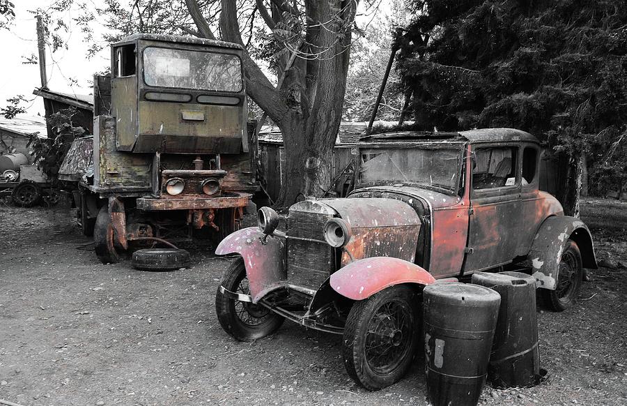 Cool Old Truck And Car, Selective Color Digital Art