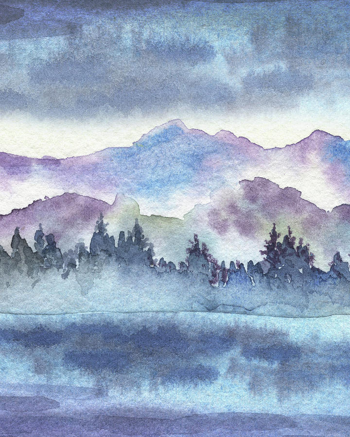 Cool Purple Breeze Watercolor River Landscape Painting by Irina Sztukowski