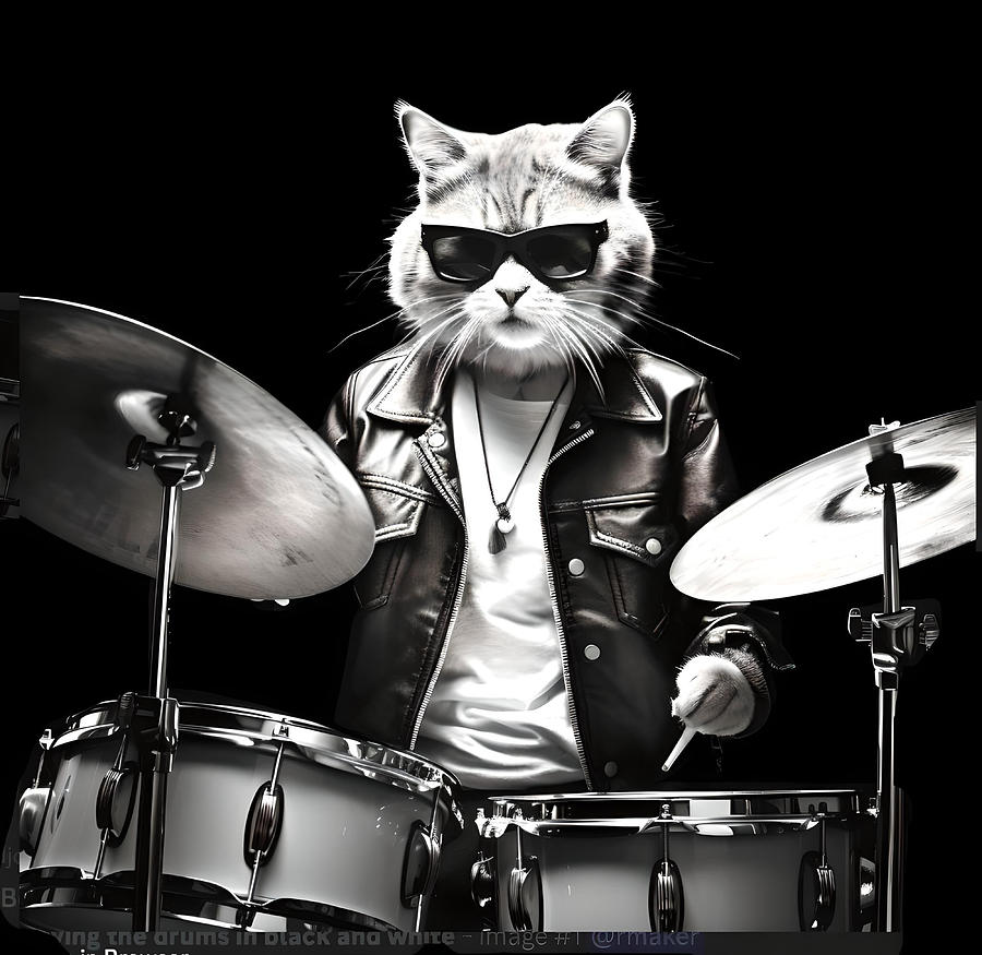 Cool Rock Star Cat Playing Drums Digital Art by Caterina Christakos