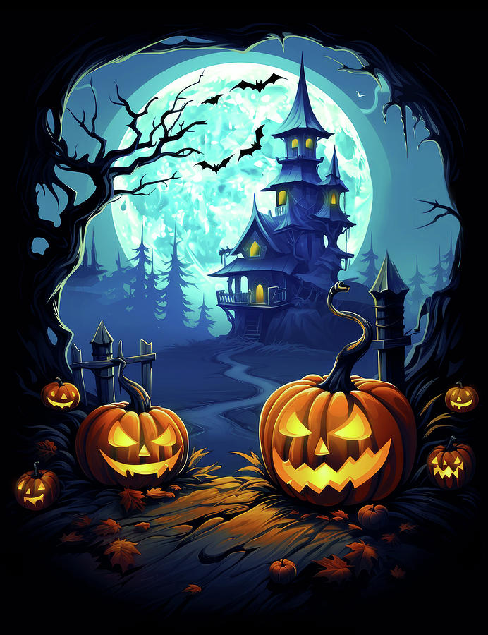 Cool Spooky Hunted Creepy Halloween Castle Pumpkin Garden Digital Art ...