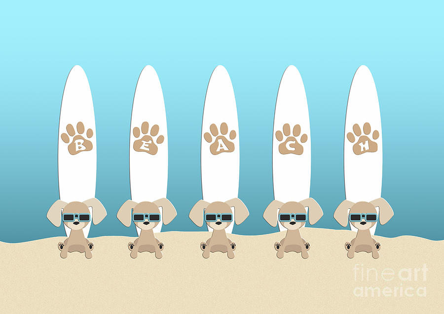 Cool Surfing Dogs in Sunglasses with Surfboards and Beach Typography Digital Art by Barefoot Bodeez Art