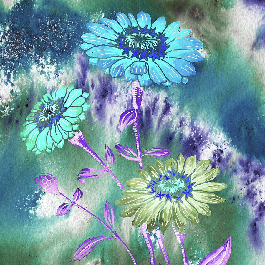 Cool Teal Blue Turquoise Zinnia Watercolor Flowers  Painting by Irina Sztukowski