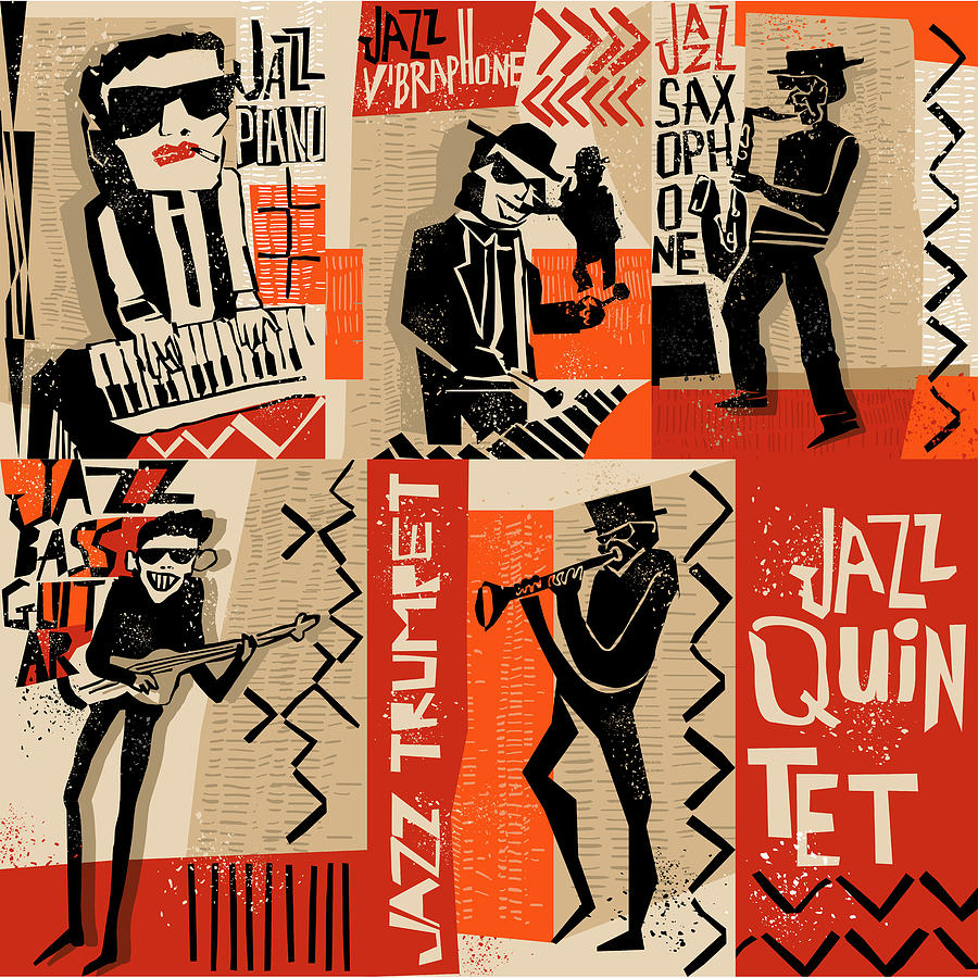 Cool Vintage Of Jazz Band Poster With Trumpet Player, Guitarist ...