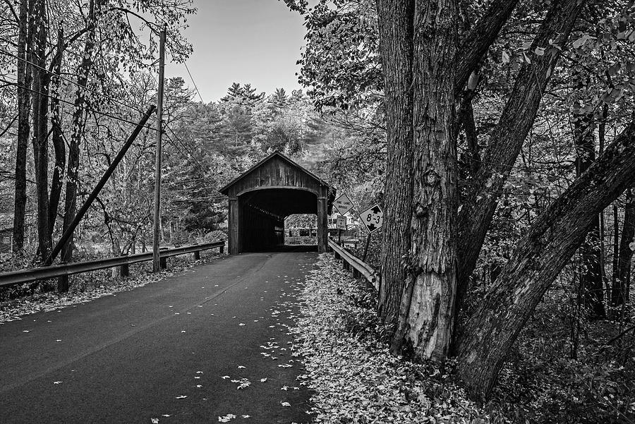 Coombs Covered Bridge Fall Foliage Ashuelot River Winchester NH Black and White Photograph by Toby McGuire