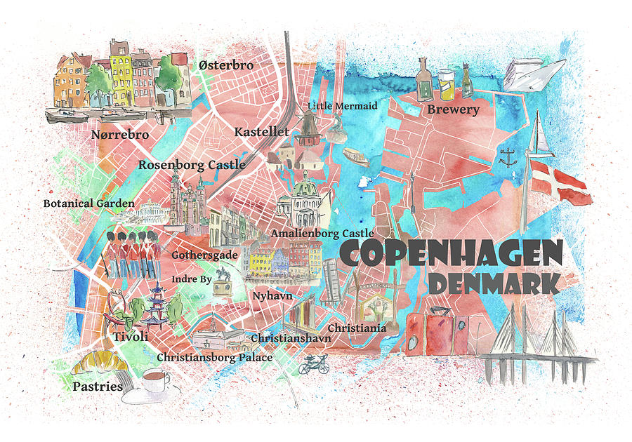 Copenhagen Denmark Illustrated Map with Main Roads Landmarks and ...