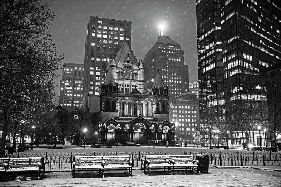 Copley Square Snow Storm Trinity Church at night Boston MA Black and White Photograph by Toby McGuire