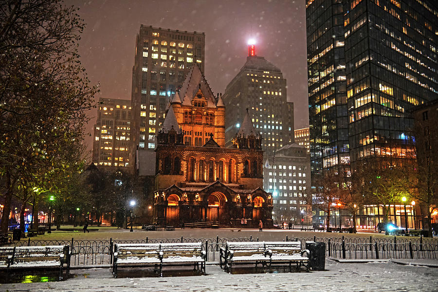 Copley Square Snow Storm Trinity Church at night Boston MA Photograph by Toby McGuire