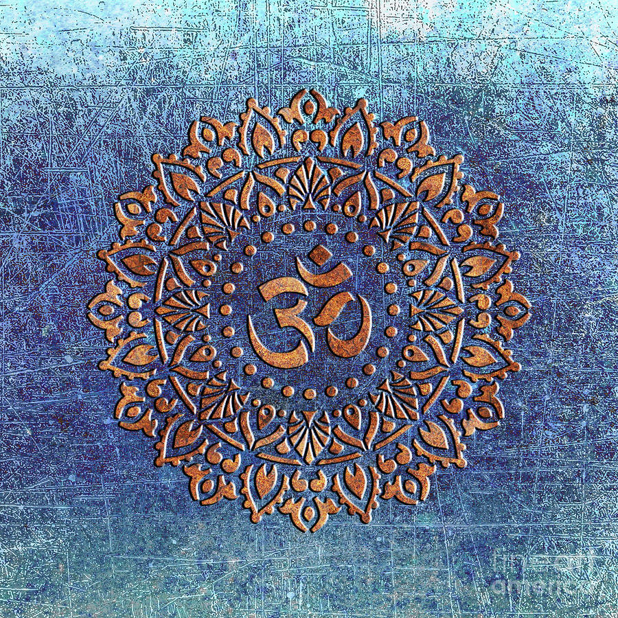 Copper Color Ohm Symbol Mandala Style on Distressed Blue Background Digital Art by Fred Bertheas