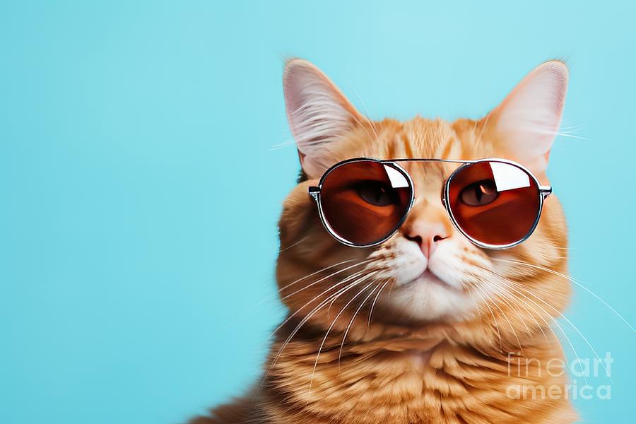 Goggle Painting - Copyspace cyan light isolated sunglasses wearing c ginger funny portrait Closeup cat pet goggles animal cute felino mammal pretty kitten 1 looking domestic fun young student face lens style vision by N Akkash