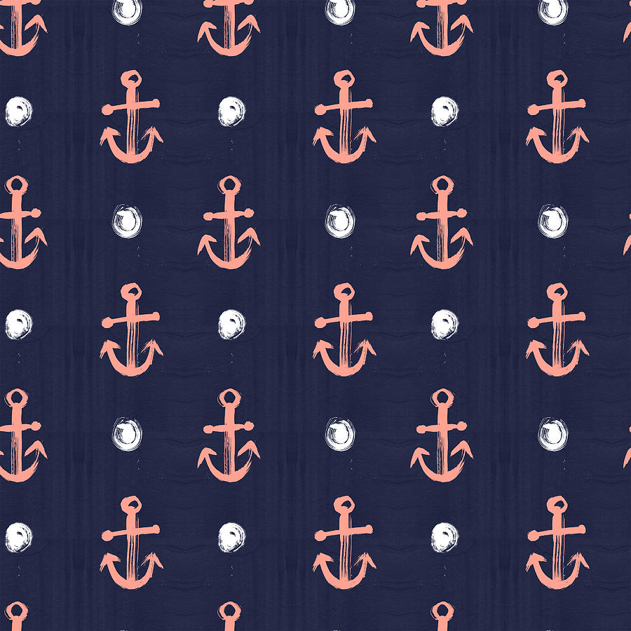 Coral and Navy Nautical Anchor Pattern Art by Jen Montgomery Painting by Jen Montgomery
