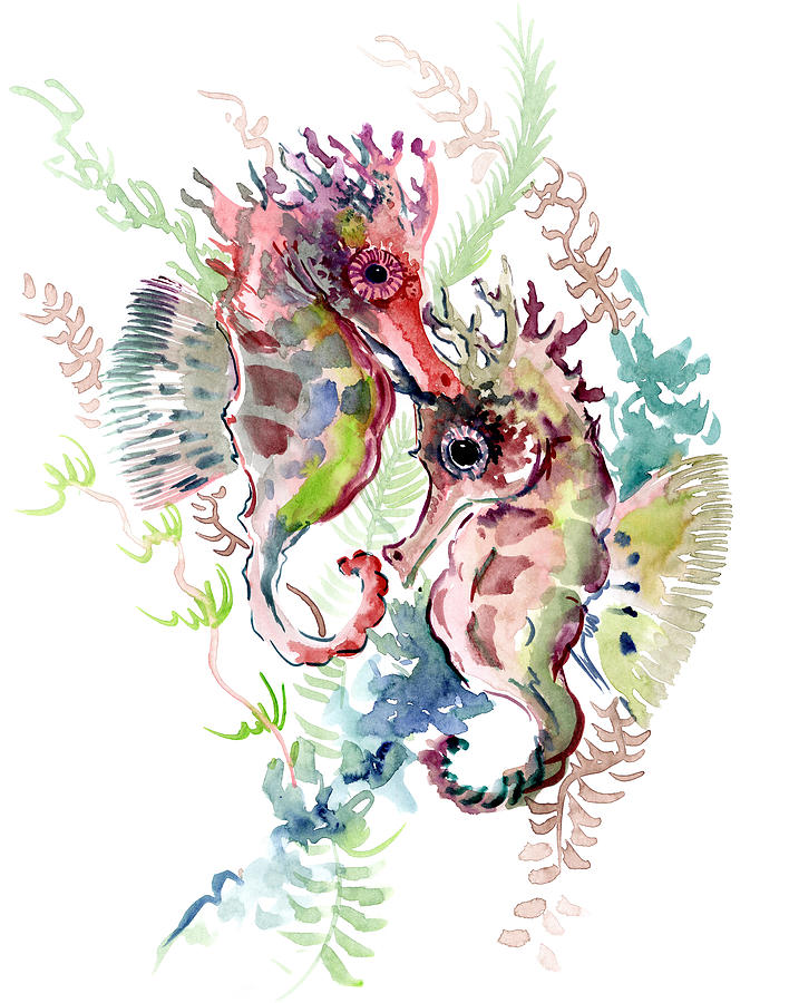 Coral Pink and Gray Seahorse artwork Painting by Suren Nersisyan