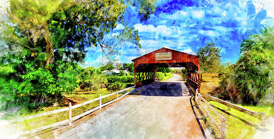 Coral Springs Covered Bridge - watercolor ink painting Digital Art by Nicko Prints