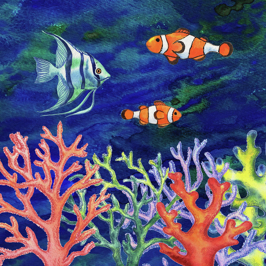 Corals Clownfish And Angelfish In The Deep Blue Sea  Painting by Irina Sztukowski