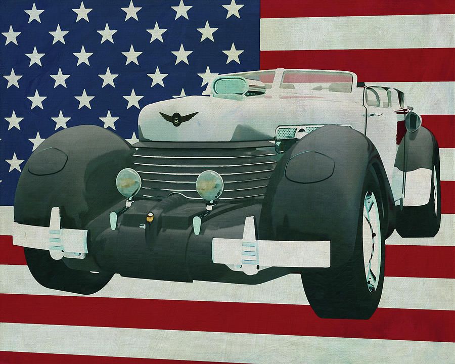 Cord 812 Lone Runner Concept 1936 with flag of the U.S.A. Painting by Jan Keteleer