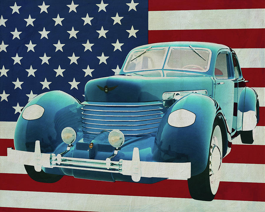 Vintage Painting - Cord 812 Sedan 1936 with flag of the U.S.A. by Jan Keteleer