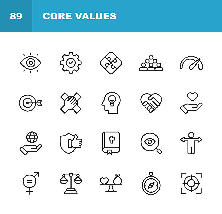 Core Values Icons. Editable Stroke. Pixel Perfect. For Mobile and Web. Contains such icons as Responsibility, Vision, Business Ethics, Law, Morality, Social Issues, Teamwork, Growth, Trust, Quality. Drawing by Rambo182