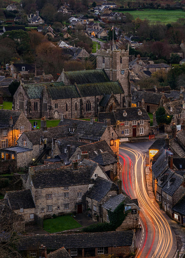 Corfe Castle Village In England Seen With Traffic. Photograph