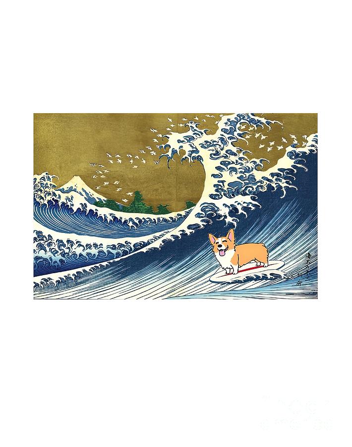 Corgi dog surfing The Great Wave Painting by Richardson Stewart - Fine ...