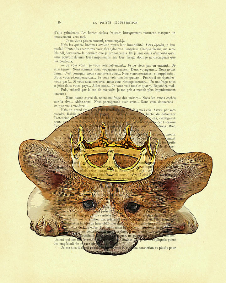 Vintage Digital Art - Corgi dog with a golden crown artwork on book page by Madame Memento