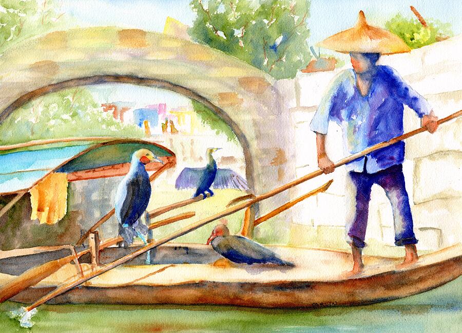 Cormorant Fishing - China Painting by Carlin Blahnik CarlinArtWatercolor